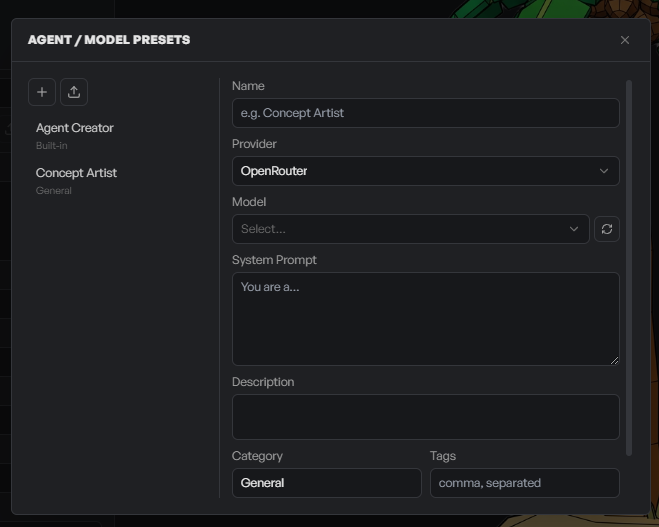 The Agent / Model Presets editor, configuring a custom agent's provider, model, and system prompt.