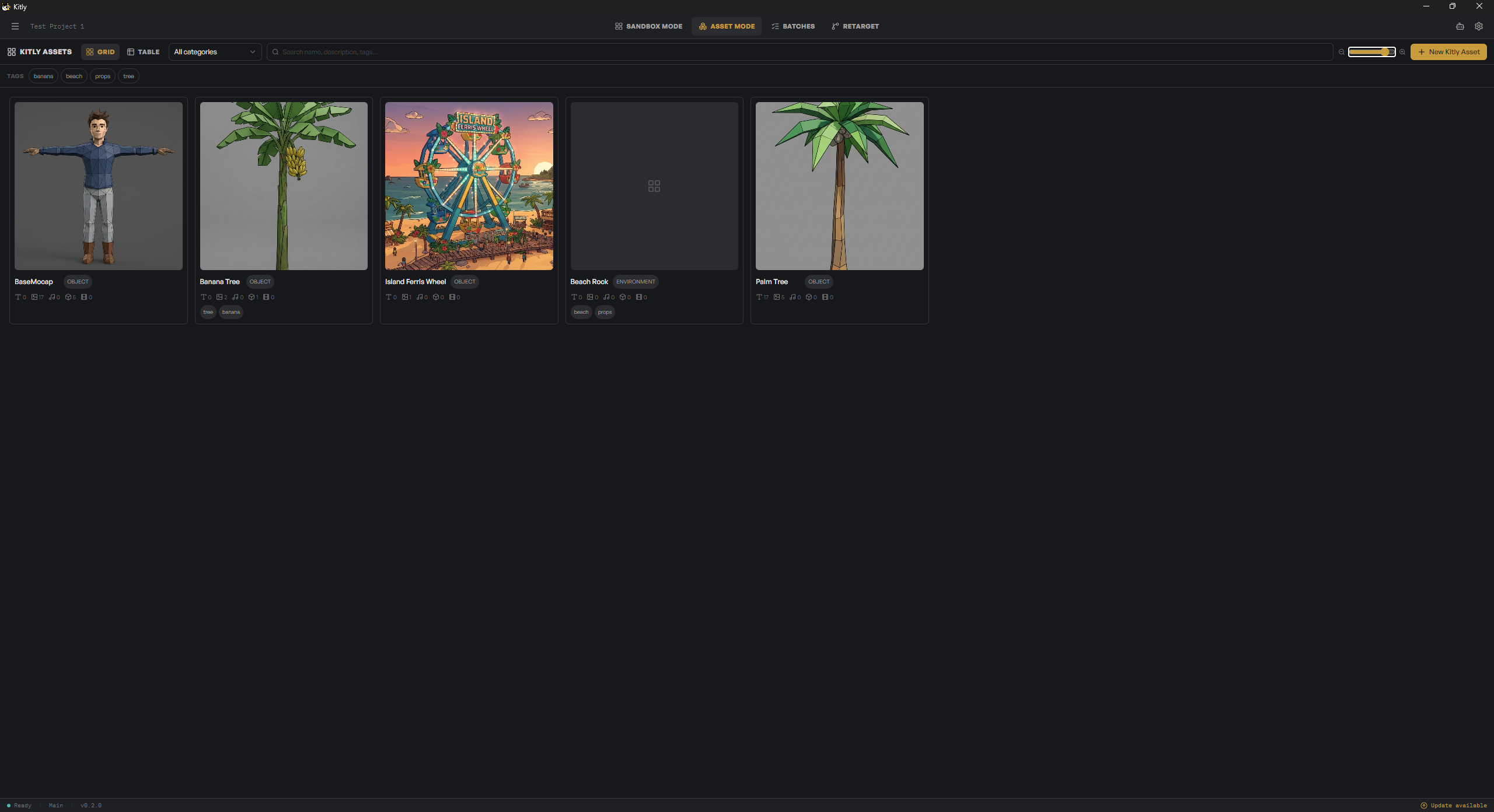 The Kitly Asset Library grid, showing generated 3D assets like a banana tree, a beach environment, and a rigged character, each tagged and ready to open.