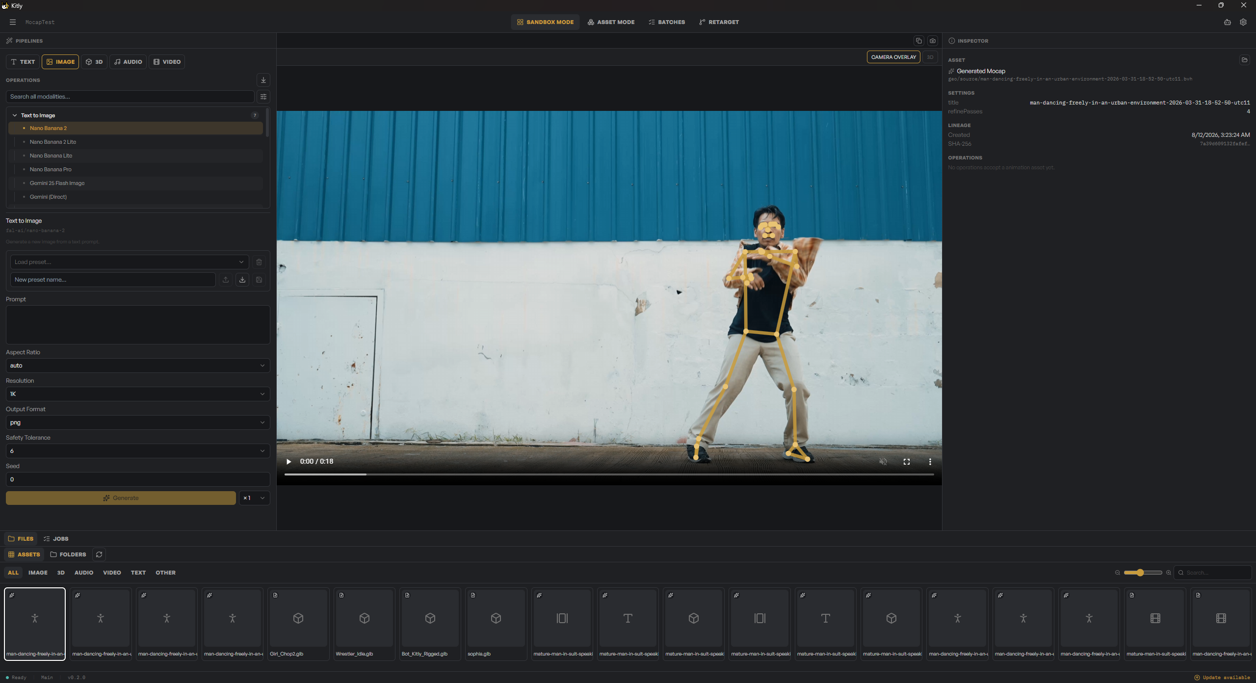 A video of a person dancing with 2D body-pose tracking points overlaid, next to the pipeline panel.