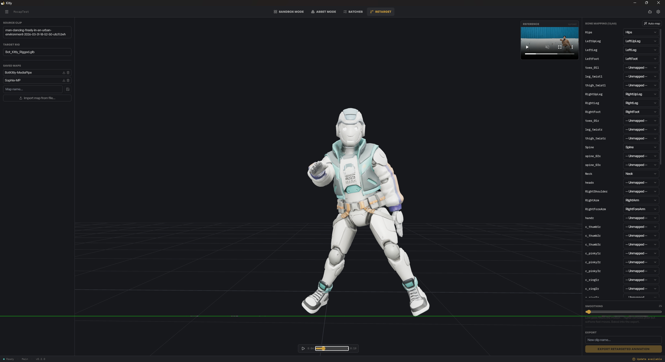 The Retarget view, mapping motion-capture bones onto a robot character's rig with an auto-map option and a saved-maps list.